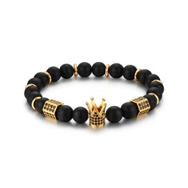 Cupimatch 8mm Beads CZ Crown King Charm Bracelet for Men Women 7.5",Blackgold