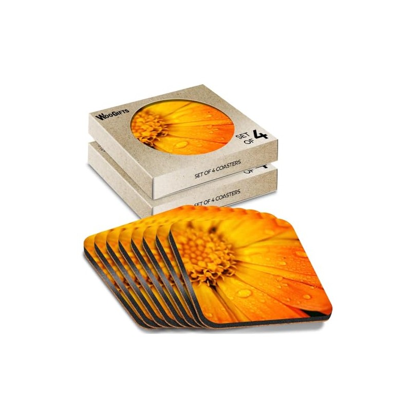 8 x Square Coasters - Orange Marigold Flower Cork Backed