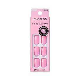 KISS imPRESS No Glue Mani Press On Nails, Color, 'Self Care', Pink, Short Size, Squoval Shape, Includes 30 Nails, Prep Pad, Instructions Sheet, 1 Manicure Stick, 1 Mini File