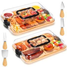 Patelai 2 Sets Charcuterie Board with Lid Compartments and Handle, include 2 Pcs Portable Travel Lid Bamboo Charcuterie Board and 4 Pcs Knife Sets, Gift for Weddings Housewarming Picnics Bridal Shower