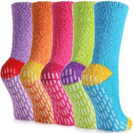 Yebing Non Slip Hospital Socks for Women with Grips Fuzzy Cozy Anti Skid Slipper Socks Winter Warm Soft Fluffy Sleep Socks 5 Pairs Non Slip Mixed Color