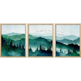 SIGNWIN Framed Green Mountain Forest Wall Art, Set of 3 Watercolor Teal Wall Decor Prints, Nature Wilderness Wall Décor for Living Room, Bedroom - 8"x10" Natural
