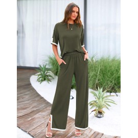 MASCOMODA Womens Summer 2 Piece Outfits Crewneck Short Sleeve Tops Wide Leg Long Pants Matching Lounge Sets Tracksuit(Black,Small)