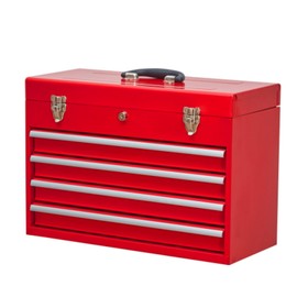 4-Drawer Metal Tool Box, Portable Steel Tool Chest with Lock & Latch, Powder-Coated, Liner Included, Ideal for Garage, Warehouse & Outdoor Repairs (Red)