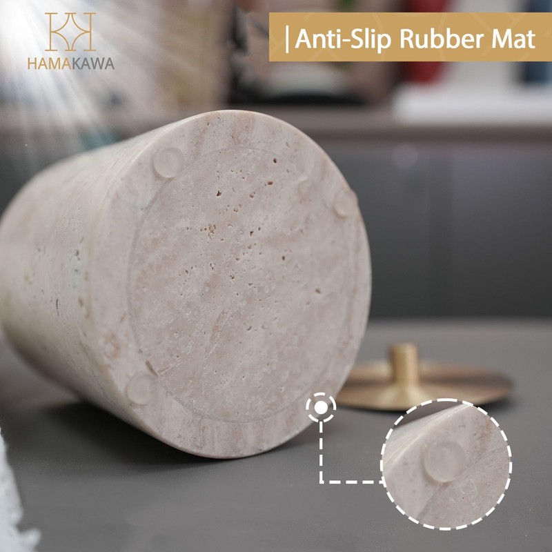 HAMAKAWA Nartural Marble Qtip Holder with Brass Lid, Beige Travertine