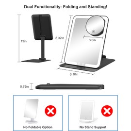 Gospire - Espejo de maquillaje recargable de viaje con luces y aumento 10X, soporte plegable y luz con sensor de ángulo, 3 colores de luz y atenuación continua, espejo iluminado LED de cambiador - negro