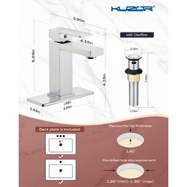 KUZOR Bathroom Faucets Stainless Steel, 5-Minutes Installation, Single Hole Sink Faucet for Bathroom/Vanity/Rv - 4.33 in Spout High - Chrome
