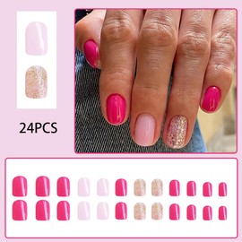 24Pcs Pink Press on Nails Short Square - Full Cover Shiny Nail Glitter Design False Nails Acrylic Artificial Nail Art Kit Glue on Nails Wear Fake Nails for Women and Girls Nail Art Decorations Charms