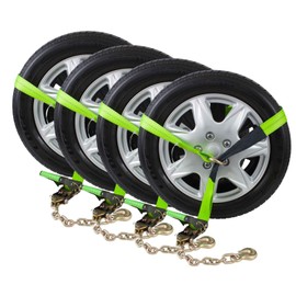 Mytee Products (4 Pack) 2" x 8' Car Tie Down Lasso Ratchet Strap with Chain Anchor - High Viz Green Tire Straps for Car Trailer - Wheel Straps for Hauling Cars