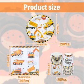 Cisolen 60 Pieces Digger Birthday Party Tableware Construction Excavator Party Supplies Party Plates Cups and Napkins Disposable for Children's Theme Birthday Party Shower Decoration