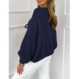 PRETTYGARDEN Women's Tie Front Bow Cardigan Sweaters Chunky Knit Long Puff Sleeve Trendy Fall Winter Jacket Coats (Navy,Large)