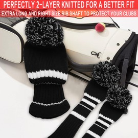 Golf Club Head Covers Knit for Woods Driver Fairway Hybrid Head Cover Knitted Pom Pom Stripes Pattern for Main Wood Clubs (Black&White-Fairway-1 Pcs)