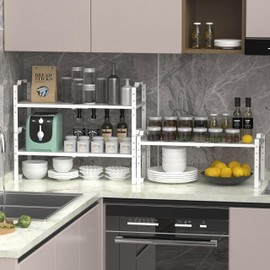 Jojocross Expandable Shelf for Cabinet Organizer Adjustable Stackable Spice Rack at Kitchen and Bathroom More, (1 Pack/White, Medium)