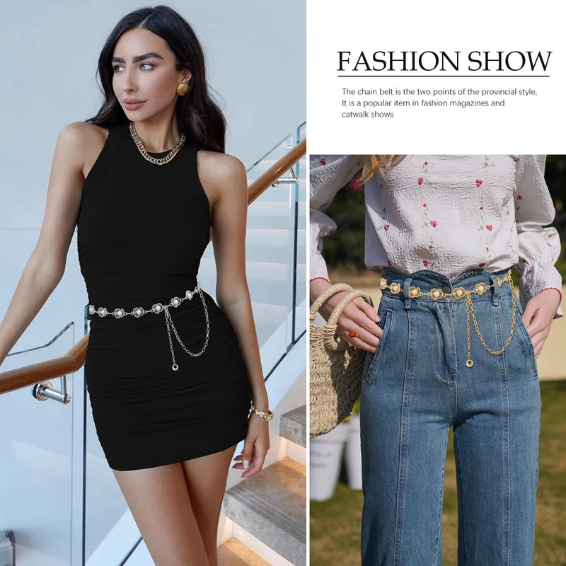 AWAYTR Waist Chains Belts for Women - Rhinestone Gold Silver