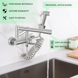 FLWUEUE Kitchen Faucet Wall Mount with Side Sprayer 8 Inch Center, Folding Design for Commercial Use, Stainless Steel Bar Tap, Lead-Free
