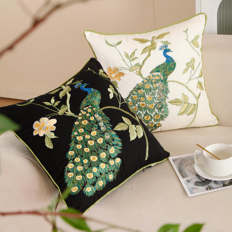 Holibeat Spring Embroidered Birds Tree Throw Pillow Covers Peacock Decorative