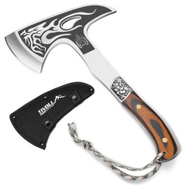 TIVOLI Camping Hatchet Axe with Nylon Sheath, Small Tomahawk Viking Axe, Forged High Carbon Steel for Full Tang Wooden Handle, Portable Camping Axe for Outdoor Split Wood, Hunting Survival