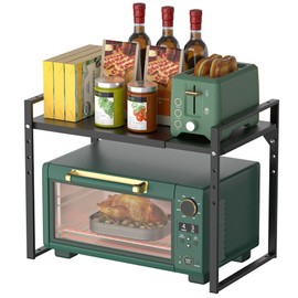 GEDLIRE 2 Tier Expandable Microwave Oven Rack, Height Adjustable Heavy Duty Microwave Toaster Countertop Stand Metal Shelf Rack, Pantry Shelf Organizers for Kitchen Counter Organization, Black