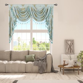JADE POKE European Floral Valance for Windows Waterfall Valances for Living Room Aqua Tassels Valance for Bathroom - Damask Valance with Beads Swag Valance for Party Rod Pocket (1 Panel, W59 Inch)
