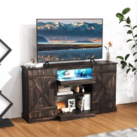 Tangkula 58”L Farmhouse LED TV Stand for TV up to 65 Inch, 32”H Tall Entertainment Center with 20 Color Led Lights, Media Console Table with Cubbies & Cabinets, Large Storage Cabinet for Living Room