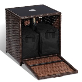 SUNNYPARK Outdoor Umbrella Side Table with 2 Weight Bags, 2-in-1 Patio Table with Umbrella Hole, All-Weather Handwoven PE Rattan Umbrella Base Stand for Deck Yard Garden Balcony Poolside