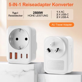 Denlane Adapter Australia, 5 in 1 Travel Adapter Australia with 1 AC & 2 USB-C & 2 USB-A (3.4A), Adapter China New Zealand Germany Plug, Adapter Argentina Fiji, Travel Plug Type I