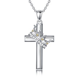 LEECCI Birthstone Cross Necklace with Crown 925 Sterling Silver Birthstone Crown Cross Pendant Birthstone Crown Jewelry for Women, 18 inch, Sterling Silver, No Gemstone