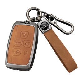 HIBEYO Key Fob Cover Compatible with Discovery 4 Range Rover LR4 Sport Evoque Freelander 2 Jaguar XE XF XJ F-Pace F-Type Key Case Leather Zinc Alloy Accessories Long Keychain Brown