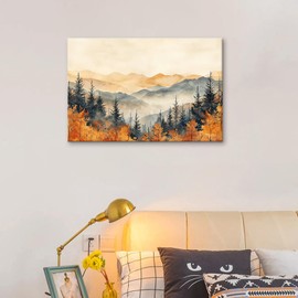 Abstract Canvas Wall Art Forest Mountain Watercolor Painting Print Autumn Landscape Modern Canvas Prints Bathroom Bedroom Office Wall Decor Framed Artwork Wall Pictures Ready to Hang [18''Wx12''H]