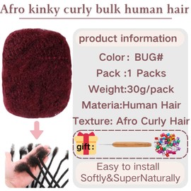 Afro Kinkys Bulk Human Hair for, Loc Repair, Twists, Afro Kinky Curly Human Hair Bulk Hair For Dreadlocks Extensions Bulk Human Braiding Hair (BUG# 8inch 30g/Pack)