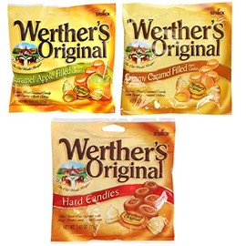 Werthers, Variety Pack, 1 Caramel, 1 Caramel Apple Filled, 1 Creamy Caramel Filled, Hard Candies, 2.65 oz Per Bag