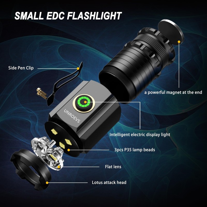 UNROEVS Mini Flashlight 2550 Lumens Rechargeable USB C Charging, Small