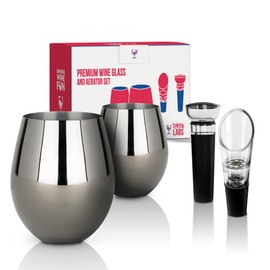 TenTen Labs Stainless Steel Stemless Wine Glasses (Set of 2) with Wine Aerator and Stopper - 18oz - Unbreakable Wine Glass for Outdoors, Travel, Camping and Pool - Gunmetal Grey