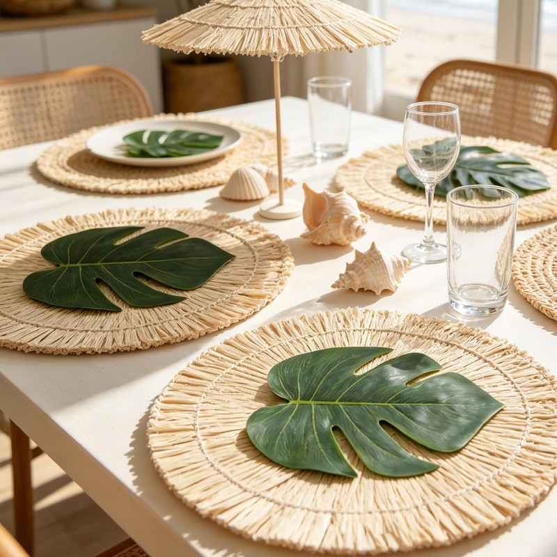 12Pcs Placemats and Palm Placemat, Green Straw Leaf Table Mat,