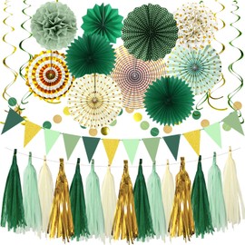 Paper Fans Party Decorations Glitter Green Gold Paper Triangle Flag Banner Tassel Garland Circle Banners Party Supplies for Bachelorette, Birthday, Bridal Shower Birthday Wedding Bachelorette