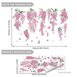Pink Wisteria Flower Wall Decals, Butterfly and Bird Garden Stickers, Large Floral Wall Art for Girls Room, Nursery Decoration (MS3343)