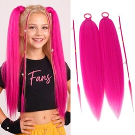 Pink Hair Extensions on Hair Tie, Lightweight Full Volume 22" Double Ponytail Set with 2Pcs Front Braids & Gold Accessories, Colored Hair Extensions f