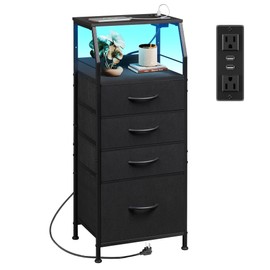 WLIVE Night Stand with Charger Station, LED Nightstand with 4 Fabric Drawers and Storage Shelf, Tall Dresser for Bedroom, 37.48" H Bedside Table with 3 USB Ports and Outlets, Black