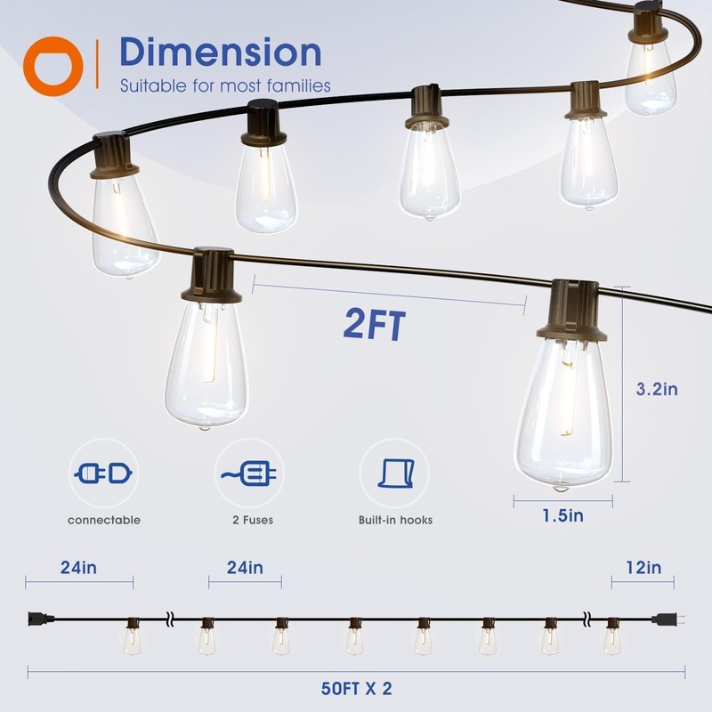 addlon 100FT(50FT*2) LED Outdoor String Lights Waterproof Patio Lights with