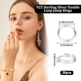 Beebeecraft 20Pcs 925 Sterling Silver Double Loop Jump Rings 6mm Open Jump Rings Split Round Rings for DIY Bracelet Necklace Keychains Crafts Jewelry Making