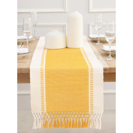 PurpleEssences Dobby Stripe Woven Ribbed Table Runner with Double Knot Fringes for Spring Summer Easter Farmhouse Dining Room 14x90 Inch (14x95.5, Fringes Included) - Golden Yellow and H.White