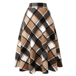 Long Plaid Wool Skirt for Women Winter Fall Warm High Elastic Waist A Line Flared Pleated Wool Tartan Skirts (Brown New, L)