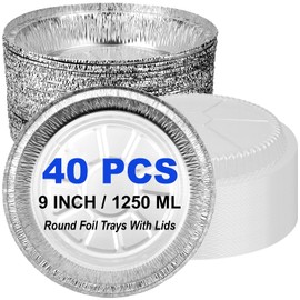 Abaigeal 40 Pack 9 Inch Round Foil Trays with Clear Lids, 1250ML Disposable Tin Foil Food Containers, Round Aluminum Foil Flan Dishes Pie Cases for Party, Baking, Food Storage, and Takeaway Containers