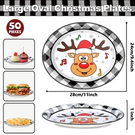 Lonfliness 50Pcs Christmas Reindeer Plates Disposable Paper Buffalo Plaid Black&White Gingham Party Decorations Supplies 11 Inch Oval Plate Platter Dish Tray, Xmas Holiday Tableware Dinnerware
