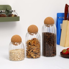 Storage Glass Jar Set Food Tank,Glass Storage Container Airtight Food Jars Kitchen Canister with Round Wooden Stopper, for Flour, Sugar, Cookie, Nuts and Candy