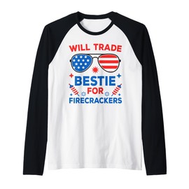 Funny 4th of July Shirts Kids Will Trade Bestie Firecrackers Raglan Baseball Tee
