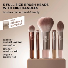 Real Techniques Nuevo kit de mini brochas Nudes On The Glow, set de 6 piezas con espejo compacto, set de brochas de maquillaje de viaje para contorno, corrector, rubor y sombra de ojos, libre de cruel