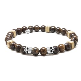 Nato Cuff - 925 Sterling Silver Skull Bracelet - Bronzite Beads Semi-Precious Stones - Greek Ceramic Beads - Men's and Women's Jewellery Handmade in France, Silver, bronzite