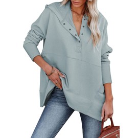 AlvaQ Womens Button Up V Neck Hoodies Casual Long Sleeve Sweatshirts Loose Ribbed Pullover Tops with Pockets Gray Medium