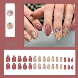 KQueenest Pack of 30 Flower Nails for Sticking, Short Almond - Pink Press On Nails with Floral Design, Full Cover, Natural Nude Fake Nails, Artificial Fingernails, Coquettish Acrylic Nails for Women